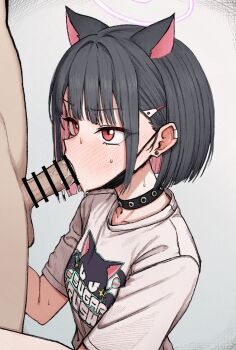 1boy 1girl animal_ears animal_print bar_censor black_choker black_hair black_mask blue_archive blush cat_ears cat_girl cat_print censored choker clothed_female_nude_male clothed_sex clothes_writing colored_inner_hair commentary_request earclip earrings fellatio from_side gradient_background grey_background hair_behind_ear hair_ornament hairclip halo hands_up hetero highres jewelry kazusa_(band)_(blue_archive) kazusa_(blue_archive) looking_at_another mask mask_pull mouth_mask multicolored_hair nose_blush nude official_alternate_costume oral penis pink_hair pink_halo poikuru print_shirt red_eyes saliva shirt short_hair short_sleeves solo_focus stud_earrings studded_choker sweat testicles two-tone_hair upper_body v-shaped_eyebrows white_shirt