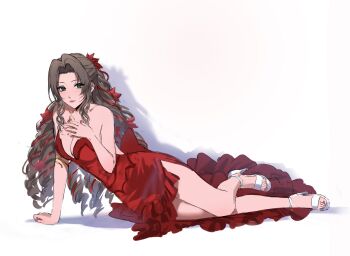 Rule 34 | 1girl, aerith gainsborough, aerith gainsborough (red dress), arm support, bare legs, bare shoulders, breasts, brown hair, collarbone, commentary, dress, english commentary, eyelashes, feet, final fantasy, final fantasy vii, final fantasy vii remake, frilled dress, frills, full body, green eyes, hair intakes, hand up, high heel sandals, highres, kivavis, legs, long hair, looking at viewer, lying, medium breasts, multicolored hair, nail polish, on side, parted bangs, red dress, red hair, red nails, sandals, shadow, sidelocks, simple background, solo, strapless, strapless dress, strappy heels, streaked hair, toenail polish, toenails, toes, very long hair, white background, white sandals