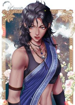 1girl armband artist_name bare_shoulders black_hair black_shirt blue_sash border breasts brown_armband crop_top etroveria final_fantasy final_fantasy_xiii flower grey_eyes hair_between_eyes highres jewelry long_hair medium_breasts midriff multiple_necklaces navel necklace oerba_yun_fang parted_bangs parted_lips pink_flower portrait sash shirt sleeveless sleeveless_shirt solo tan upper_body wavy_hair white_border