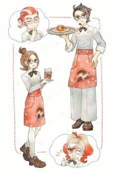 2boys 2girls :d alternate_costume apron asuka_rkgk brown_eyes brown_hair brown_shoes commentary croissant cup disposable_coffee_cup disposable_cup food glasses grin griselle_(pokemon) grisham_(pokemon) hair_bun hand_on_own_hip harmony_(pokemon) highres holding holding_cup holding_tray looking_at_viewer multiple_boys multiple_girls nintendo open_mouth pants paxton_(pokemon) pokemon pokemon_legends:_z-a print_apron shoes short_hair smile standing symbol-only_commentary tray white_background