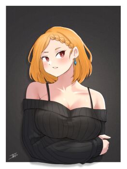 1girl alternate_costume arms_under_breasts bare_shoulders black_sweater blonde_hair blush border bra_strap braid braided_bangs breasts bright_pupils cleavage collarbone crossed_arms earrings highres jewelry large_breasts long_sleeves looking_at_viewer miarin141 off-shoulder_sweater off_shoulder parted_lips priscilla_barielle re:zero_kara_hajimeru_isekai_seikatsu red_eyes ribbed_sweater short_hair signature solo sweater upper_body white_border white_pupils