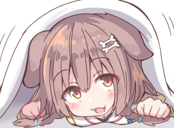 1girl :d animal_ears blanket blush bone_hair_ornament braid breasts brown_hair cartoon_bone cleavage commentary_request dog_ears dress fang hair_between_eyes hair_ornament hair_over_shoulder highres hololive inugami_korone inugami_korone_(1st_costume) jacket looking_at_viewer low_twintails lying medium_breasts motion_lines on_stomach open_clothes open_jacket open_mouth red_eyes simple_background smile solo twin_braids twintails umberblack under_covers virtual_youtuber white_background white_dress yellow_jacket