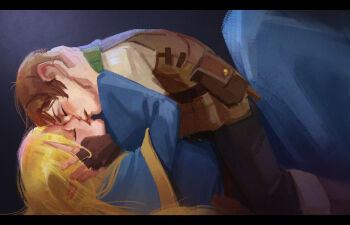 1boy 1girl artzel19 blonde_hair blue_capelet blue_dress boots brown_boots brown_gloves brown_hair capelet chilchuck_tims commentary dress dungeon_meshi english_commentary fingerless_gloves gloves green_scarf hands_on_another&#039;s_cheeks hands_on_another&#039;s_face hetero highres kiss letterboxed long_dress marcille_donato pointy_ears pouch scarf