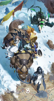 Rule 34 | 1other, 2girls, absurdres, amiya (arknights), amiya (medic) (arknights), animal, animal ears, arknights, ascot, black hair, black jacket, black pants, blue eyes, brown hair, closed eyes, doctor (arknights), dress, footprints, green dress, highres, hood, hooded jacket, incredibly absurdres, jacket, long hair, long sleeves, mask, mon3tr (arknights), multiple girls, open clothes, open jacket, open mouth, pants, rabbit ears, rabbit girl, rhodes island logo (arknights), sitting on animal, snow, tail, white ascot, white dress, wushier