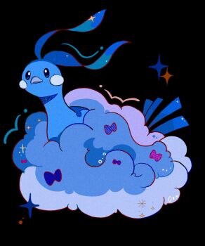 altaria beak black_background blue_skin bow closed_mouth colored_skin commentary_request full_body gen_3_pokemon highres looking_at_viewer mendako_(tyatyaumai29) nintendo no_humans pink_bow pokemon pokemon_(creature) pokemon_focus purple_bow solo striped_bow