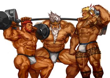Rule 34 | 3boys, abs, arm tattoo, bara, barbell, beard, blush, bulge, bwanga, chest tattoo, commission, crossover, dark-skinned male, dark skin, dungeon and fighter, elden ring, exercising, facial hair, fate/grand order, fate/zero, fate (series), feather hair ornament, feathers, feet out of frame, flexing, godfrey first elden lord, hair ornament, half-erect, iskandar (fate), jockstrap, large bulge, large pectorals, leg tattoo, long beard, long hair, looking at another, male focus, male underwear, mature male, multiple boys, multiple crossover, muscular, muscular legs, muscular male, navel, nipples, old, old man, pectorals, red eyes, red hair, short hair, sideburns, size difference, squatting, stomach, tattoo, thighs, topless male, traver009, tribal, underwear, veins, veiny arms, weightlifting, white male underwear, yaoi