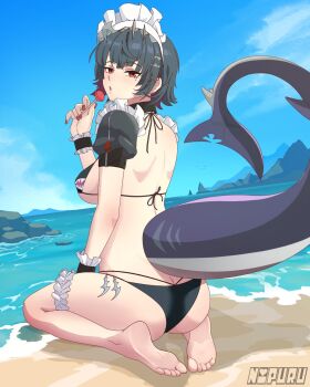 1girl artist_name ass back beach bikini black_bikini black_collar black_hair black_sleeves black_wrist_cuffs blue_sky breasts butt_crack candy cloud collar colored_inner_hair day detached_sleeves ellen_joe eyebrows eyelashes female_focus fingernails fins fish_tail food frilled_straps from_behind full_body highres holding holding_candy holding_food large_breasts lollipop looking_at_viewer looking_back maid maid_headdress mihoyo mole mole_under_eye multicolored_hair nail_polish nipuru_studio ocean open_mouth outdoors red_eyes red_hair red_nails sand seiza serious shark_girl shark_tail shiny_skin short_hair short_sleeves sitting sky solo swimsuit tail thigh_strap toes two-tone_hair two-tone_wrist_cuffs unconventional_maid water white_wrist_cuffs wrist_cuffs zenless_zone_zero