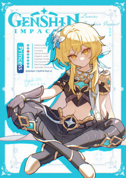 1girl aether_(genshin_impact) aether_(genshin_impact)_(cosplay) armor ayiiiyiii black_pants black_shirt blonde_hair breasts brown_gloves closed_mouth cosplay crop_top flower genshin_impact gloves hair_between_eyes hair_flower hair_ornament highres long_hair lumine_(genshin_impact) midriff navel pants scarf shirt shoulder_armor solo white_scarf yellow_eyes
