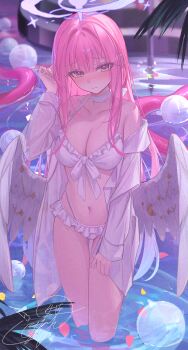 1girl absurdres bare_shoulders bikini blue_archive blush breasts cleavage closed_mouth commentary_request feathered_wings frilled_bikini frills halo highres large_breasts long_hair looking_at_viewer mika_(blue_archive) mika_(swimsuit)_(blue_archive) navel official_alternate_costume open_clothes open_shirt oyaji_hime partially_submerged pink_hair pool purple_halo shirt smile solo stomach swimsuit white_bikini white_shirt white_wings wings yellow_eyes
