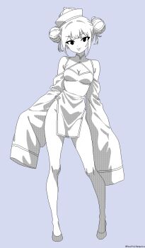 1girl blue_background blunt_bangs breasts china_dress chinese_clothes cleavage closed_mouth contrapposto detached_sleeves double-parted_bangs double_bun dress hair_bun hat high_heels lineart long_sleeves looking_at_viewer monochrome original pelvic_curtain pixel_art qingdai_guanmao sidelocks simple_background sleeves_past_wrists small_breasts smile solo soulfull_sequoia tongue tongue_out twitter_username wide_sleeves