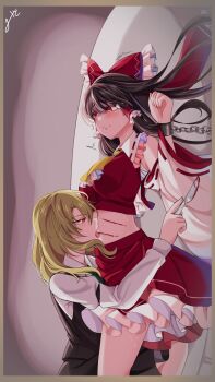 2girls ascot black_vest bleeding blonde_hair blood blush border bow breasts brown_hair chain chest_sarashi collared_shirt commentary_request cuffs detached_sleeves frilled_bow frilled_hair_tubes frills hair_bow hair_tubes hakurei_reimu highres holding holding_knife kirisame_marisa knife licking licking_stomach long_hair long_sleeves lying medium_breasts mito_(fate) multiple_girls no_headwear on_back red_bow red_eyes red_skirt restrained ribbon-trimmed_sleeves ribbon_trim sarashi scratches shackles shirt signature skirt skirt_set tongue tongue_out touhou trembling vest white_shirt yellow_ascot yuri