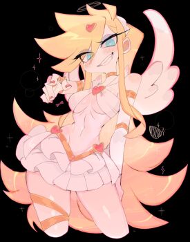 1girl angel angel_wings black_background blonde_hair blue_eyes breasts brooch cleavage dress earrings feathered_wings feathers halo heart heart_brooch highres hoop_earrings jewelry large_breasts long_hair looking_at_viewer panty_&amp;_stocking_with_garterbelt panty_(psg) simple_background smile solo standing thick_thighs thighhighs thighs traditional_halo usa37107692 very_long_hair white_wings wings