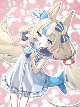 1girl adversarial_noise ahoge animal_ear_fluff animal_ears blonde_hair blue_bow blue_collar blue_eyes blue_hair blue_nails blush bow cat_ears collar controller fins fish_girl fish_tail frilled_shirt_collar frills game_controller hair_bow highres holding holding_controller holding_game_controller indie_virtual_youtuber lifebuoy_hair_ornament long_hair low_twintails multicolored_hair nail_polish one_side_up sameko_saba sashimi_(xoxosashimixoxo) solo streaked_hair tail twintails very_long_hair virtual_youtuber