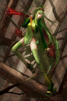 1girl 2014 arrow_(projectile) artist_name bow_(weapon) cactus_(pvz) character_name copyright_name dated flower hair_flower hair_ornament jacket long_hair personification plants_vs._zombies ponytail quiver red_eyes sandals socks thighhighs tree very_long_hair wail_(wailwind) weapon