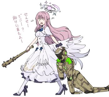 1girl 1other baseball_bat blue_archive broken camouflage capelet dragging dress from_side full_body halo high_heels highres holding holding_baseball_bat humanoid_robot kaiser_pmc_robot_mercenary_(blue_archive) long_hair looking_around low_wings mika_(blue_archive) momomatang nail_(hardware) nail_bat open_mouth pantyhose pink_hair robot short_sleeves simple_background translation_request walking white_capelet white_dress white_pantyhose wings |_|