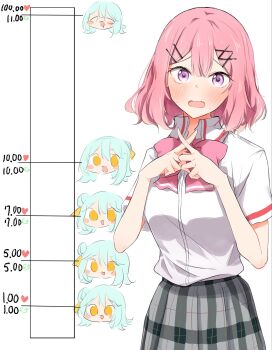 2girls amaori_renako blue_hair blush_stickers bow bowtie collared_shirt commentary_request crossed_fingers grey_skirt highres kiss_meter_(meme) koyanagi_kaho looking_at_viewer medium_hair meme multiple_girls nuooooodoomo pink_bow pink_bowtie pink_hair plaid_clothes plaid_skirt pleated_skirt purple_eyes shirt simple_background skirt smile watashi_ga_koibito_ni_nareru_wake_naijan_murimuri! white_background white_shirt yellow_eyes