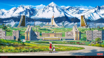 2girls absurdly_detailed_composition aircraft apartment apron boots building bush child cloud commentary_request complex_exterior day door dress grass helicopter highres house landscape leather leather_boots motor_vehicle mountain mountainous_horizon multiple_girls nature neckerchief outdoors pine_tree radio_antenna radio_tower red_apron red_neckerchief road rooftop satellite_dish scenery school_uniform science_fiction sion005 sky snow soviet tree truck white_dress white_hair window