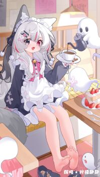 1girl animal_ears apron barefoot black_dress black_eyes blush breasts cafe cake cake_slice coffee_mug coffee_pot cup dress fang food fork fox_ears fox_girl full-face_blush full_body ghost hair_between_eyes hair_ornament hairclip hanging_light heterochromia highres holding holding_saucer long_hair looking_at_viewer maid maid_apron maid_headdress mug ningmeng_jing_jing_jing_jing open_mouth original red_eyes saucer serving shoes sitting small_breasts smile soles solo spoon star-shaped_pupils star_(symbol) strawberry_shortcake symbol-shaped_pupils table toes unworn_shoes white_apron white_hair white_headdress