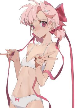 1girl blush bow bow_panties bra breasts chinese_commentary cleavage collarbone commentary_request double_v hair_bow hair_ornament highres looking_at_viewer medium_hair namazuoku navel nose_blush original panties parted_lips pink_eyes pink_hair pink_ribbon red_ribbon ribbon short_twintails simple_background small_breasts solo teardrop twintails underwear underwear_only v white_background white_bra white_panties x_hair_ornament