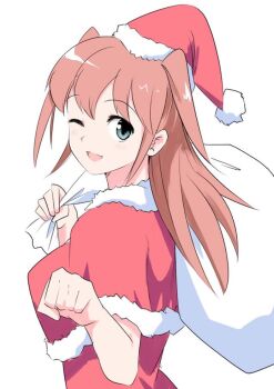 1girl ;d blush breasts capelet christmas clenched_hand commentary_request dress from_side fur-trimmed_capelet fur-trimmed_dress fur-trimmed_headwear fur_trim green_eyes happy hat highres holding holding_sack incoming_fist_bump long_hair looking_at_viewer looking_to_the_side medium_breasts motomiki nemoto_hina one_eye_closed open_mouth pink_hair pom_pom_(clothes) red_capelet red_dress red_hat sack santa_costume santa_dress santa_hat simple_background smile solo two_side_up upper_body watashi_ga_motenai_no_wa_dou_kangaetemo_omaera_ga_warui! white_background