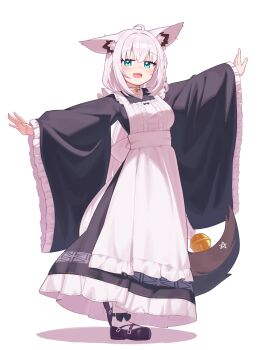 1girl :d absurdres alternate_costume animal_ears apron black_shoes deaver enmaided fox_ears fox_girl full_body highres hololive looking_at_viewer maid open_mouth outstretched_arms pentagram shirakami_fubuki shoes smile solo virtual_youtuber white_apron white_hair wide_sleeves