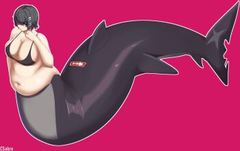 absurdres big_belly bikini bikini_top_only black_bikini black_hair blush breasts candy cleavage colored_inner_hair commentary csabre ellen_joe english_commentary fat fat_woman fatter_than_canon fins fish_tail food food_in_mouth frown full_body hair_over_one_eye highres large_breasts lollipop lollipop_in_mouth merfolk mermaid monster_girl monsterification multicolored_hair navel obese one_eye_covered pink_background pink_eyes pink_hair shark_tail short_hair swimsuit tail v-shaped_eyebrows zenless_zone_zero