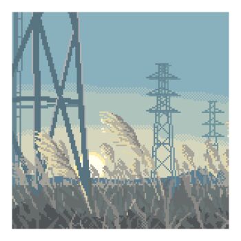 blue_sky border commentary english_commentary highres kanashino no_humans original outdoors pixel_art scenery sky sun transmission_tower white_border
