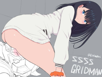 Rule 34 | 1girl, ass, black hair, blue eyes, blush, bottomless, breasts, cardigan, copyright name, from side, gridman (character), gridman (ssss), gridman universe, hip focus, huge ass, long hair, long sleeves, looking at viewer, looking back, niwatori kokezou, nose blush, orange scrunchie, scrunchie, sitting, sitting on face, sitting on person, solo focus, ssss.gridman, takarada rikka, thick thighs, thighs, twitter username, white cardigan, wide hips