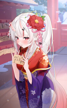 1girl :p absurdres blurry blurry_background blush center-flap_bangs commentary_request day ema floral_print floral_print_kimono flower furisode gradient_hair grey_hair hair_between_horns hair_flower hair_ornament haori highres holding holding_ema hololive horns japanese_clothes kanzashi kimono long_hair looking_at_viewer multicolored_hair nakiri_ayame nakiri_ayame_(new_year) neko_neneko obi official_alternate_costume official_alternate_hairstyle oni outdoors print_kimono purple_haori red_eyes red_hair red_kimono sash shrine side_ponytail skin-covered_horns solo streaked_hair tongue tongue_out very_long_hair virtual_youtuber wide_sleeves