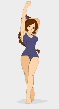 1girl 8log4icy absurdres alternate_costume arm_up avatar:_the_last_airbender avatar_legends barefoot braid breasts brown_eyes brown_hair closed_mouth commentary commission contemporary english_commentary full_body grey_background highres large_breasts long_hair looking_at_viewer school_swimsuit simple_background smile solo standing swimsuit ty_lee