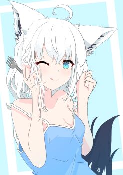 1girl absurdres ahoge animal_ear_fluff animal_ears blue_shirt braid breasts cleavage commentary_request earrings fork fox_ears fox_girl fox_tail green_eyes hair_between_eyes highres holding holding_fork hololive jewelry long_hair looking_at_viewer one_eye_closed pentagram shirakami_fubuki shirt sidelocks single_braid small_breasts solo spaghetti_strap tail tongue tongue_out user_jacu4284 virtual_youtuber white_hair