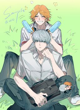 26duuuu 2boys bag black_bag black_pants brown_hair character_charm charm_(object) clenched_hand closed_eyes closed_mouth food grass grey_eyes grey_hair grin hair_between_eyes hanamura_yousuke highres holding holding_bag holding_food holding_popsicle indian_style looking_at_viewer male_focus multiple_boys narukami_yu on_grass pants persona persona_4 popsicle school_uniform shirt shoes short_hair short_sleeves sitting smile stuffed_toy white_shirt white_shoes yasogami_school_uniform