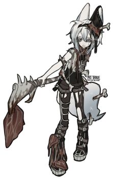 1girl animal_ears axe bone commentary_request flesh fox_ears fox_girl fox_tail full_body grey_eyes holding holding_axe holding_weapon korean_commentary looking_at_viewer medium_hair original pigeon-toed senmaze simple_background sleeveless solo standing tail thighhighs torn_clothes torn_thighhighs weapon white_background white_hair