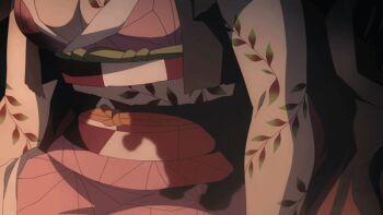 animated animated_gif anime_screenshot black_hair breast_reduction breasts cleavage collarbone crying japanese_clothes kamado_nezuko kimetsu_no_yaiba kimono long_hair shrinking tears very_long_hair