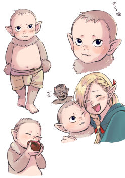 1girl 2boys :3 anger_vein arms_at_sides asymmetrical_hair barefoot billion_hamster biting blonde_hair blue_capelet blush body_fur braid capelet cheek-to-cheek cheek_press child closed_eyes cropped_shoulders dungeon_meshi eating elf father_and_son food french_braid fruit grey_fur grey_hair hair_behind_ear hands_up happy heads_together holding holding_food holding_fruit hood hood_down hooded_capelet horns hug long_hair looking_at_viewer marcille_donato multiple_boys multiple_views navel nose_blush one_eye_closed open_mouth orc pointy_ears short_hair shorts side_braid simple_background surprised topless_male tusks white_background yellow_shorts zon&#039;s_son_(dungeon_meshi) zon_(dungeon_meshi)