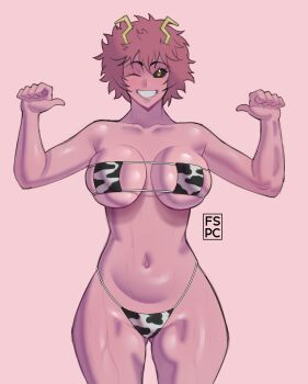 1girl absurdres alternate_costume animal_print artist_name ashido_mina bikini black_sclera boku_no_hero_academia breasts brown_eyes colored_sclera colored_skin cow_print cow_print_bikini eyepatch_bikini fspc grin highres large_breasts looking_at_viewer navel one_eye_closed pink_background pink_hair pink_skin print_bikini short_hair smile solo swimsuit