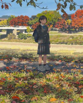 1girl autumn autumn_leaves backpack bag black_hair black_jacket black_skirt black_socks blazer blue_sky bridge dated day expressionless full_body holding holding_leaf jacket kumaori_jun leaf original outdoors path pleated_skirt road school_uniform shoes short_hair signature skirt sky sneakers socks solo standing