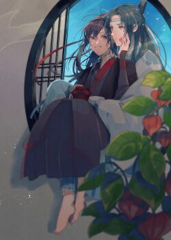 2boys ahoge alcohol amana_raika barefoot black_hair black_hanfu blurry blurry_foreground chinese_clothes closed_mouth couple day from_outside full_body grin hair_ribbon hand_on_another&#039;s_cheek hand_on_another&#039;s_face hanfu headband highres holding_jug hug hug_from_behind indoors jug_(bottle) lan_wangji lattice leaf light_particles long_hair long_sleeves looking_at_another male_focus messy_hair modao_zushi multiple_boys open_window parted_lips plant ponytail potted_plant purple_eyes red_ribbon ribbon robe round_window sidelocks sitting sitting_in_window smile smoke topknot wei_wuxian white_hanfu white_headband wide_sleeves window xiao_guan_(headdress) yaoi yellow_eyes