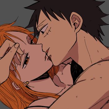 1boy 1girl black_eyes black_hair commentary_request couple hetero highres imminent_kiss m_(user_gjgn8588) monkey_d._luffy myb_iai0505 nami_(one_piece) one_piece orange_eyes orange_hair scar scar_on_face short_hair