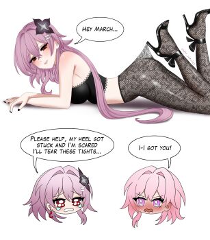 2girls absurdres ass black_bra black_nails black_pantyhose blush bra breasts commentary dual_persona eidis_scarlet english_commentary english_text evernight_(honkai:_star_rail) flower full-face_blush hair_flower hair_ornament head_only highleg highres honkai:_star_rail honkai_(series) lace_pantyhose lace_pantyhose_hooked_on_heel_(meme) large_breasts long_hair looking_at_viewer march_7th_(honkai:_star_rail) meme multiple_girls pantyhose pink_hair red_hair simple_background smile speech_bubble tears underwear very_long_hair white_background