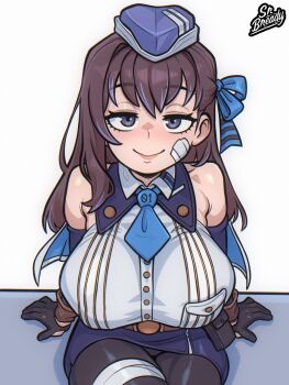 1girl armpit_crease artist_name bare_shoulders black_gloves black_pantyhose blue_bow blue_eyes blue_hat blue_necktie blue_skirt blue_sleeves bow breast_pocket breasts buttons closed_mouth collared_shirt commentary cowboy_shot detached_sleeves english_commentary garrison_cap gauze gauze_on_cheek gauze_on_face gloves goddess_of_victory:_nikke hair_bow hat highres large_breasts long_hair looking_at_viewer marian_(nikke) necktie pantyhose pocket pouch purple_hair shirt short_necktie simple_background sitting skirt sleeveless sleeveless_shirt smile solo srbready straight-on white_background white_shirt wispy_bangs