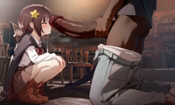 1boy 1girl 3d_background age_difference black_cape blush boots brown_boots brown_skirt cape censored closed_mouth dark-skinned_male dark_skin embarrassed from_side full_body hair_ornament half-closed_eyes hands_on_own_knees hetero huge_penis imminent_fellatio indoors interracial komekko kono_subarashii_sekai_ni_shukufuku_wo! large_variant_set legs_together loli long_sleeves looking_at_penis low_twintails mosaic_censoring penis penis_on_face precum profile red_eyes scared shirt short_hair short_twintails skirt solo_focus squatting star_(symbol) star_hair_ornament twintails variant_set very_dark_skin wavy_mouth white_shirt yoko-chan_(mijizukeyoko)