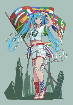 1girl alternate_costume aqua_eyes aqua_hair argentinian_flag brazilian_flag canadian_flag closed_mouth commentary contrapposto earth_(planet) eiffel_tower english_commentary finnish_flag flag full_body georgian_flag grey_background hatsune_miku highres indian_flag jamaican_flag japanese_flag jewelry kuwaiti_flag leaning_tower_of_pisa long_hair looking_at_viewer mexican_flag monaco_flag norwegian_flag palestinian_flag pendant planet portuguese_flag pyramid_(structure) russian_flag shirt shorts simple_background solo south_korean_flag spanish_flag swiss_flag turkish_flag twintails vanilla_flan vocaloid white_shirt white_shorts worldwide_miku