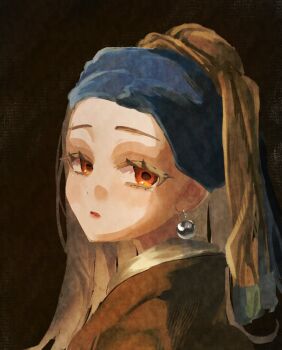Rule 34 | 1girl, blonde hair, blue headscarf, brown background, commentary request, earrings, faux traditional media, fine art parody, from side, gakuen idolmaster, girl with a pearl earring, headscarf, highres, idolmaster, jewelry, long hair, looking at viewer, orange eyes, parody, parted lips, pearl earrings, portrait, sa yusu, shinosawa hiro, solo, yellow headscarf