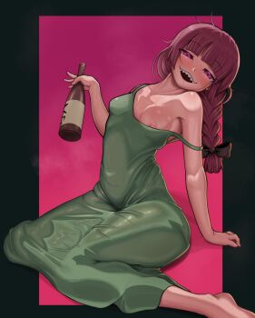 1girl barefoot black_border black_bow blush bocchi_the_rock! border bottle bow braid braided_ponytail breasts commentary dominismortis dress drunk full_body green_dress hair_bow highres hiroi_kikuri holding holding_bottle impossible_clothes impossible_dress long_hair looking_at_viewer nipple_slip nipples on_ground open_mouth pink_background pink_eyes purple_hair sharp_teeth sitting small_breasts solo steaming_body strap_slip teeth thighs untranslatable_commentary
