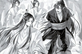 4boys ahoge animal arms_behind_back arrow_(projectile) blurry blush bound chinese_clothes chinese_commentary commentary_request donkey greyscale hair_ornament hair_ribbon hand_on_own_hip hanfu headband high_ponytail highres holding holding_reins lan_jingyi lan_sizhui lan_wangji little_apple_(donkey) long_hair long_sleeves looking_at_another male_focus mg_ms_dayo modao_zushi monochrome multiple_boys nature official_art open_mouth outdoors pants pectoral_cleavage pectorals people ponytail reins restrained ribbon riding riding_animal robe rope sash shoulder_strap sidelocks sitting smile standing sword sword_on_back tassel tassel_hair_ornament third-party_source topknot tree very_long_hair weapon weapon_on_back wei_wuxian wide_sleeves xiao_guan_(headdress) yaoi