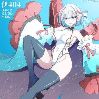 Rule 34 | 1girl, absurdres, azur lane, black thighhighs, blue eyes, breasts, character name, commentary request, dated, detached sleeves, hebitsukai-san, highres, i-404 (azur lane), large breasts, looking at viewer, multicolored hair, one-piece swimsuit, open mouth, red hair, red streaks, sideless swimsuit, smile, solo, streaked hair, swimsuit, thighhighs, translation request, twitter username, white hair, white one-piece swimsuit