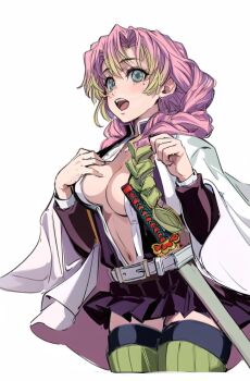 1girl black_jacket black_skirt braid breasts coat commentary_request cropped_legs demon_slayer_uniform green_eyes green_hair green_theme hand_on_own_chest highres huo_ji_wu jacket kanroji_mitsuri katana kimetsu_no_yaiba large_breasts long_hair long_sleeves mole mole_under_eye multicolored_hair navel no_bra open_clothes open_jacket open_mouth pink_hair pleated_skirt sheath sheathed simple_background skirt solo standing sword teeth twin_braids two-tone_hair upper_teeth_only weapon white_background white_coat