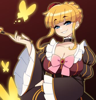 Rule 34 | 1girl, beatrice (umineko), blonde hair, bow, braid, breasts, brown choker, brown dress, bug, butterfly, choker, cleavage, collarbone, daigada, dress, flower, frilled choker, frilled dress, frills, gradient background, hair flower, hair ornament, hand on own hip, highres, holding, holding smoking pipe, insect, kiseru, large breasts, looking at viewer, outer glow, pink bow, pink nails, red background, red flower, smoking pipe, smug, solo, teeth, umineko no naku koro ni, upper body, wide sleeves, yellow butterfly