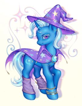 1girl alternate_costume animal animal_focus babybeetlekat blue_background blue_gem blue_skin bracelet brooch cape chromatic_aberration closed_mouth colored_eyelashes colored_shadow colored_skin commentary cutie_mark drop_shadow ear_piercing english_commentary flipped_hair flourish_(design) gem gold_bracelet gold_piercing hat highres horse_girl horse_tail jewelry leg_warmers light_smile medium_hair multiple_bracelets my_little_pony piercing pink_background print_cape print_hat purple_cape purple_eyes purple_hat purple_leg_warmers shadow shiny_skin sideways_glance solo sparkle_background standing star_(symbol) star_print tail trixie_lulamoon unicorn_girl white_background white_eyelashes white_hair wizard_hat yellow_trim